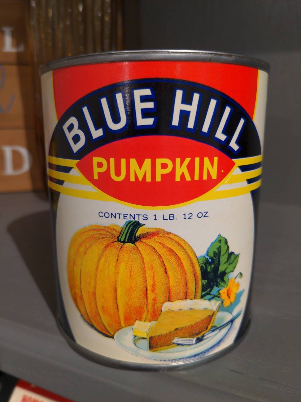 1940's Blue Hill Pumpkin Pie Filling Can Label On Original Vintage Olney Floyd, New York