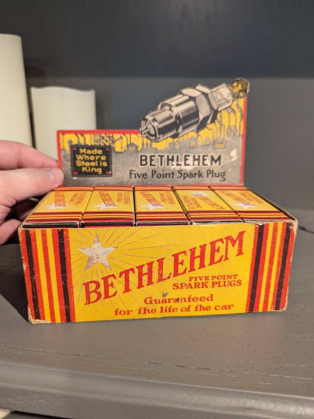 Early Bethlehem Spark Plugs NOS Display Original Gas Station Sign