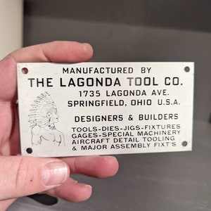 Original 1960s Lagonda Tool Builders Plate - Vintage Industrial Sign, Springfield, Ohio