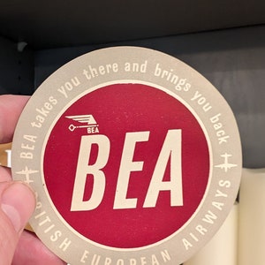 Etichetta gommata BEA British European Airlines anni '50 - Vecchia e originale - Adesivo vintage da viaggio o valigia