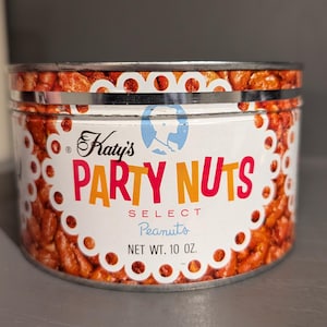 1960&#39;s Kathryn Beich Katy&#39;s Party Nuts Candies Can - Old & Original Tin from Bloomington, IL EMPTY