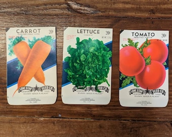 May include: Three vintage seed packets for carrots, lettuce, and tomatoes. Each packet features a colorful illustration of the vegetable and the text "Lone Star Seed Co. Every Seed A Plant".