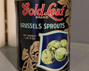 Etiqueta de lata con viñeta otoñal de coles de Bruselas de la marca Gold Leaf de los años 20. Enlatado vintage original de California.