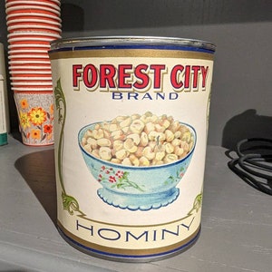 1940&#39;s Forest City Hominy Vegetable  can label on can Original Allen Bros., Omaha, Nebraska