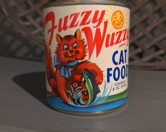1960's Fuzzy Wuzzy Cat Food can label on can - Sherman Debbie Fisheries, Lubec, Maine