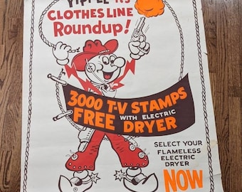 Vintage Large 1960's Reddy Killowatt "Clothes Line Roundup!" Poster  Rural Electrification Program - Original Western Cowboy Reddy