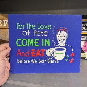 Cartel de cartón de restaurante vintage "Por amor de Dios" de los años 50: "Come y come" - Antiguo y original