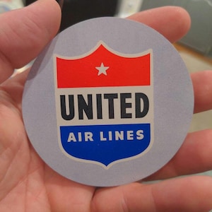 Etichetta gommata United Airlines anni '40 - Vecchia e originale - Adesivo vintage da viaggio o valigia