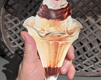 Large 1940&#39;s Marshmallow Fudge Ice Cream Sundae Poster - Die Cut Soda Fountain Sign - Old. Cherry on Top