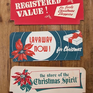 Carte de prix originale de Noël des années 1950 60 vintage - recto-verso - affichage de magasin de détail CHOICE Père Noël ornements