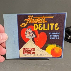 Original 1940&#39;s Hearts Delight Citrus Fruit Crate Label - Old & Original - Florida Cardstock