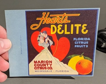 Etiqueta original de la década de 1940 para caja de frutas cítricas Hearts Delight: antigua y original, cartulina Florida