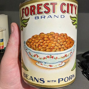 Jaren '40 Forest City Pork & Beans label op blikje Original Allen Bros., Omaha, Nebraska