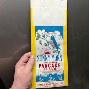 Stary i oryginalny papierowy worek na mąkę naleśnikową Sunny Morn z lat 50. Vintage Superior Food Products, Findlay, OH