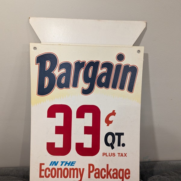 Large Old & Original 1967 Sunoco Motor Oil Gas Station Cardboard Price Sign - Double Sided