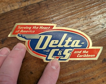 1950's Delta Airlines CS Airline of The South Embossed Gummed Label - Old & Original -  Vintage Travel or Suitcase Decal