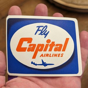 Etichetta gommata della Capital Airlines degli anni '50 - Vecchia e originale - Decalcomania da viaggio vintage