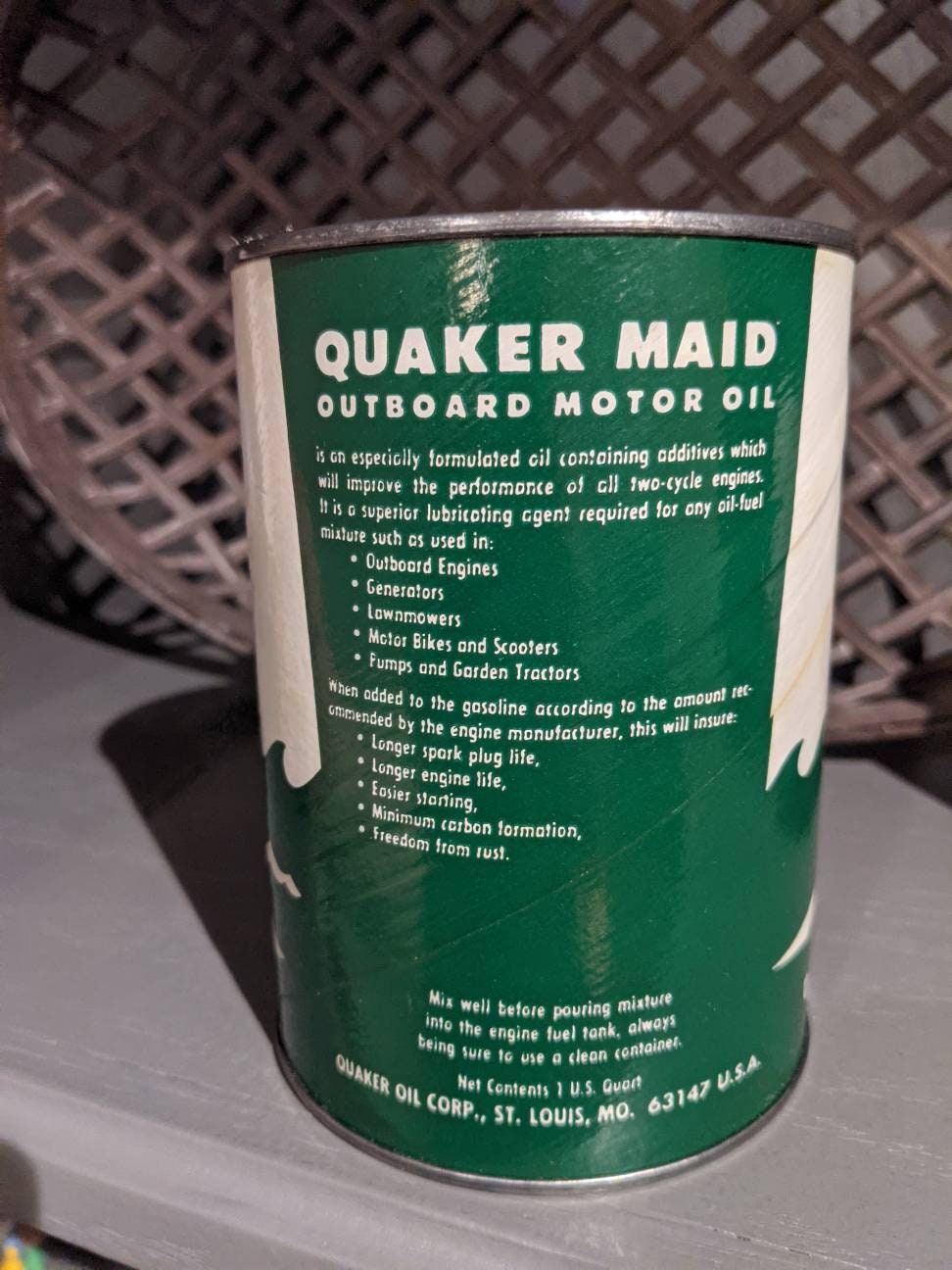 1960's Quaker Maid Outboard Motor Oil Quart Motor Oil Can
