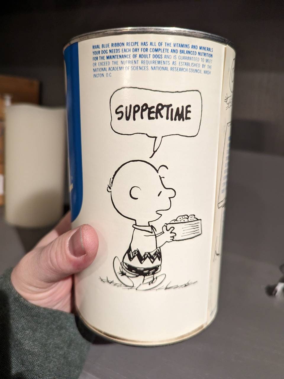 1974 Snoopy Rival Blue Ribbon Dog Food Can Can Label on Can
