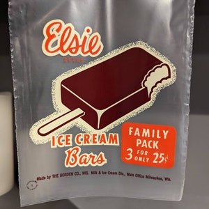 NOS 1960&#39;s Borden&#39;s Elsie Brand Ice Cream Bars Plastic Bag - Old & Original
