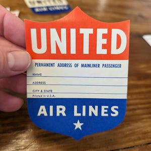 Etichetta gommata per aerei Mainliner della United Airlines degli anni '40 - Vecchia e originale - Adesivo vintage da viaggio o valigia