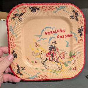 Piatto di carta da cowboy a tema western Hopalong Cassidy degli anni '40 NOS - Vecchio e originale - Per piatto