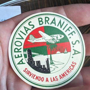 Etichetta gommata Braniff International Airways Airlines dai Grandi Laghi al Golfo degli anni '50 - Vecchia e originale - Decalcomania da viaggio o valigia vintage