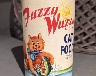 Larger 1960's Fuzzy Wuzzy Cat Food can label on can - Sherman Debbie Fisheries, Lubec, Maine