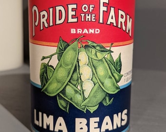 1930's Pride of the Farm Lima Beans can label on can Original Vintage Philadelphia, Pennsylvania