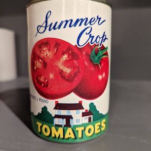 Vintage 1960s Summer Crop Tomatoes can Food can label on can - MCM Wann Packing, Frankton, Indiana