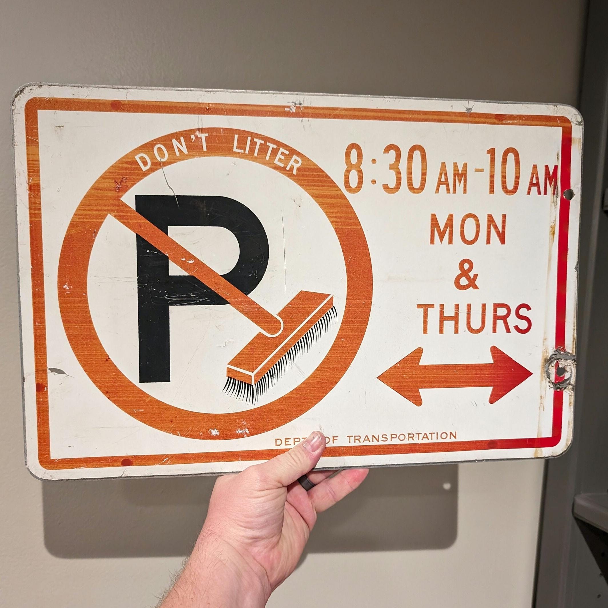 Original 1990s No Parking Street Sweeping Sign - Trash Sign