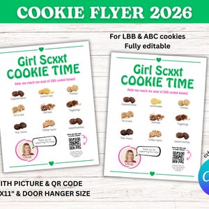 Peut inclure: Deux flyers blancs avec le texte "Girl Scxxt COOKIE TIME" et des images de biscuits. Les flyers incluent un code QR, une photo d'une fille et le texte "Aidez-moi à atteindre mon objectif de 200 boîtes de biscuits !" Les flyers mesurent 21,6 cm x 27,9 cm.