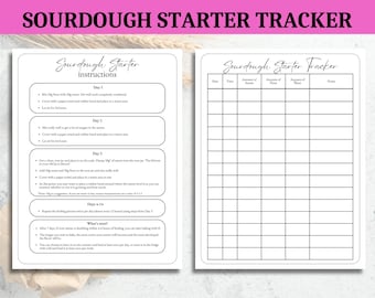 May include: A white Sourdough Starter Tracker and instructions sheet. The top of the image has the text "SOURDOUGH STARTER TRACKER" in pink. The left side has instructions, and the right side has a tracker.