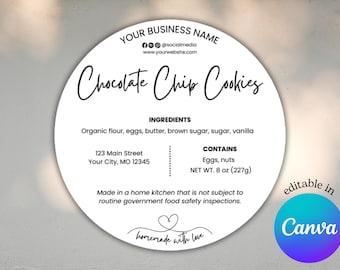 Editable Cottage Food Label, Ingredient Label Template, Home Bakery Stickers, Small Business Packaging, Printable Food Label, Bakery Sticker