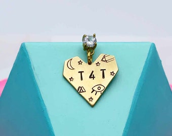 T4T earring > cubic zirconia studs w handstamped brass hearts (sold as singles)