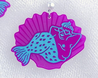 Chunky Mermaid earring: queer fat posi jewelry, in purple acrylic