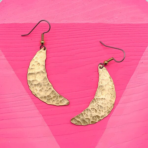 Lunar Glow crescent moon earrings, handmade brass jewelry, witchy vibes, gold moon earrings