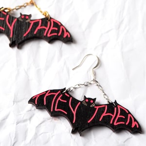 They/Them Bat earrings, pronoun earrings, they them pronouns, queer art, trans art, nonbinary earrings, statement earrings, halloween gifts