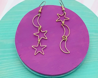 Celestial brass moon & star earrings : sold as pairs