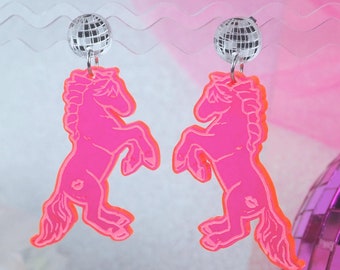 Pink Pony earrings with disco ball- hot pink neon acrylic