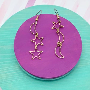 Celestial moon & star earrings, hammered brass, handmade long dainty dangles