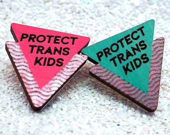 Protect Trans Kids pin, LGBTQ pride, trans liberation, nonbinary, pink teal, 80s 90s vibes, vaporwave aesthetic, handmade, queer owned shop