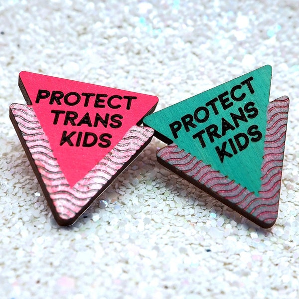 Protect Trans Kids pin, LGBTQ pride, trans liberation, nonbinary, pink teal, 80s 90s vibes, vaporwave aesthetic, handmade, queer owned shop