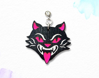 BLACK CAT earring, handpainted pink halloween jewelry for cute goths and queers