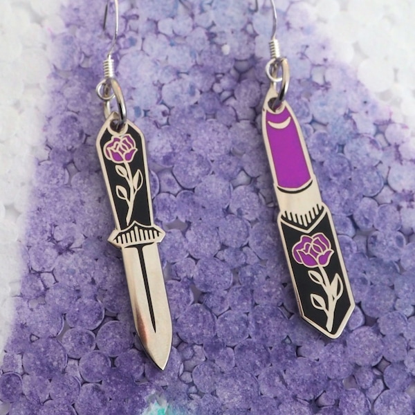 silver lipstick dagger earrings | femme earring, daggers pretty, queer earrings, knife earring, subtle pride jewelry