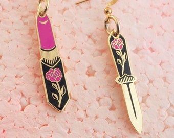 gold lipstick + dagger earrings, lipstick earrings, daggers pretty, queer earrings, knife earring, queer owned shops