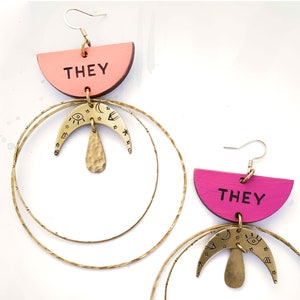 THEY/THEM earrings ~ sold as singles ~ hoops and moon with symbols of protection and transformation