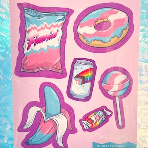 Trans snacks sticker sheet | t4t, lesbian, gay men, pansexual, bisexual, nonbinary, agender, ace, aro, intersex, vinyl waterproof permanent