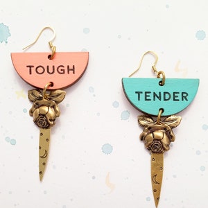Tough Tender earrings ~ sold as singles ~ brass roses, spikes stamped with moons and stars