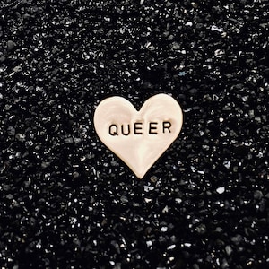 QUEER heart pin (hand-stamped brass)